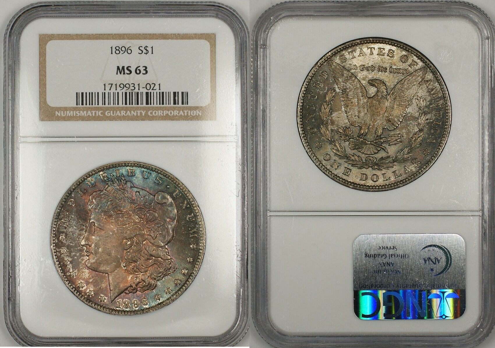 USA 1 Coin 1896 Morgan Silver Dollar NGC MS 63 Nicely Toned 13