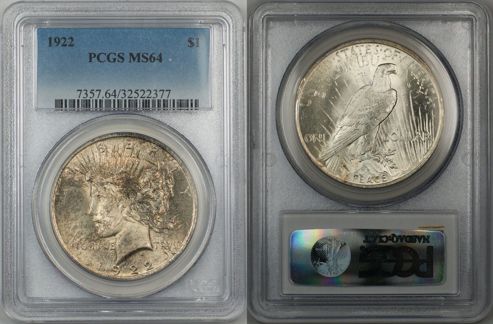 USA Peace Dollar 1922 Silver $1 PCGS MS-64 5A Toned PCGS MS-64