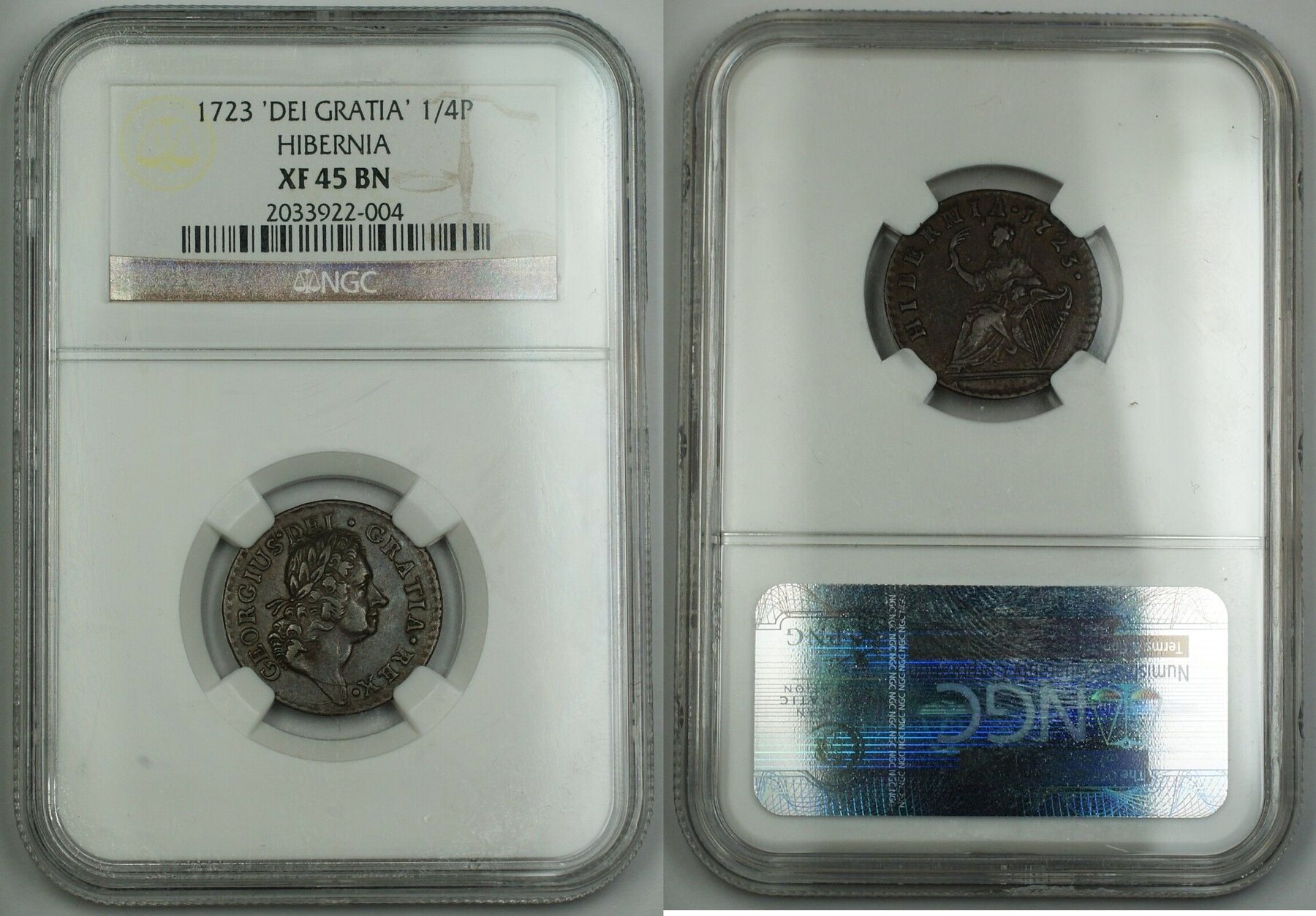 Weltmünzen 1723 Hibernia 'Del Gratia' 1/4p Coin NGC XF-45 BN *Very ...