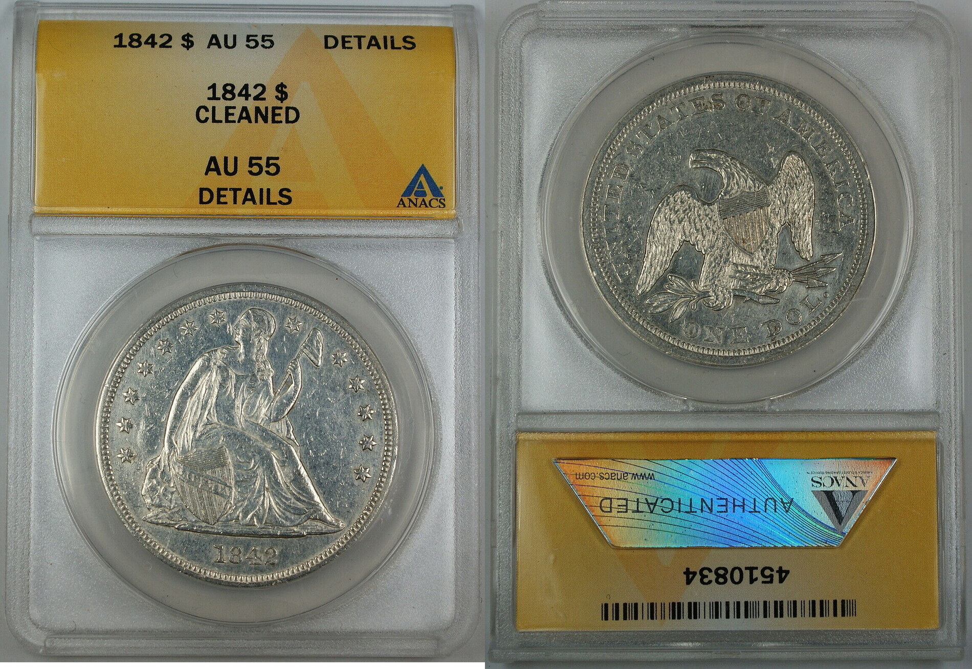 55 details. 1842 Seated Liberty Silver Dollar.