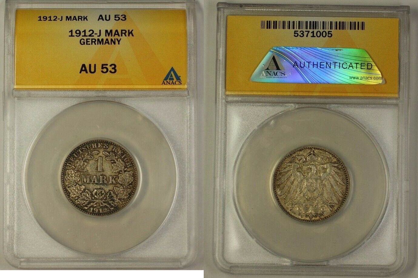 Mark 1912-J Germany One Silver Coin 1m ANACS AU-53 | MA-Shops