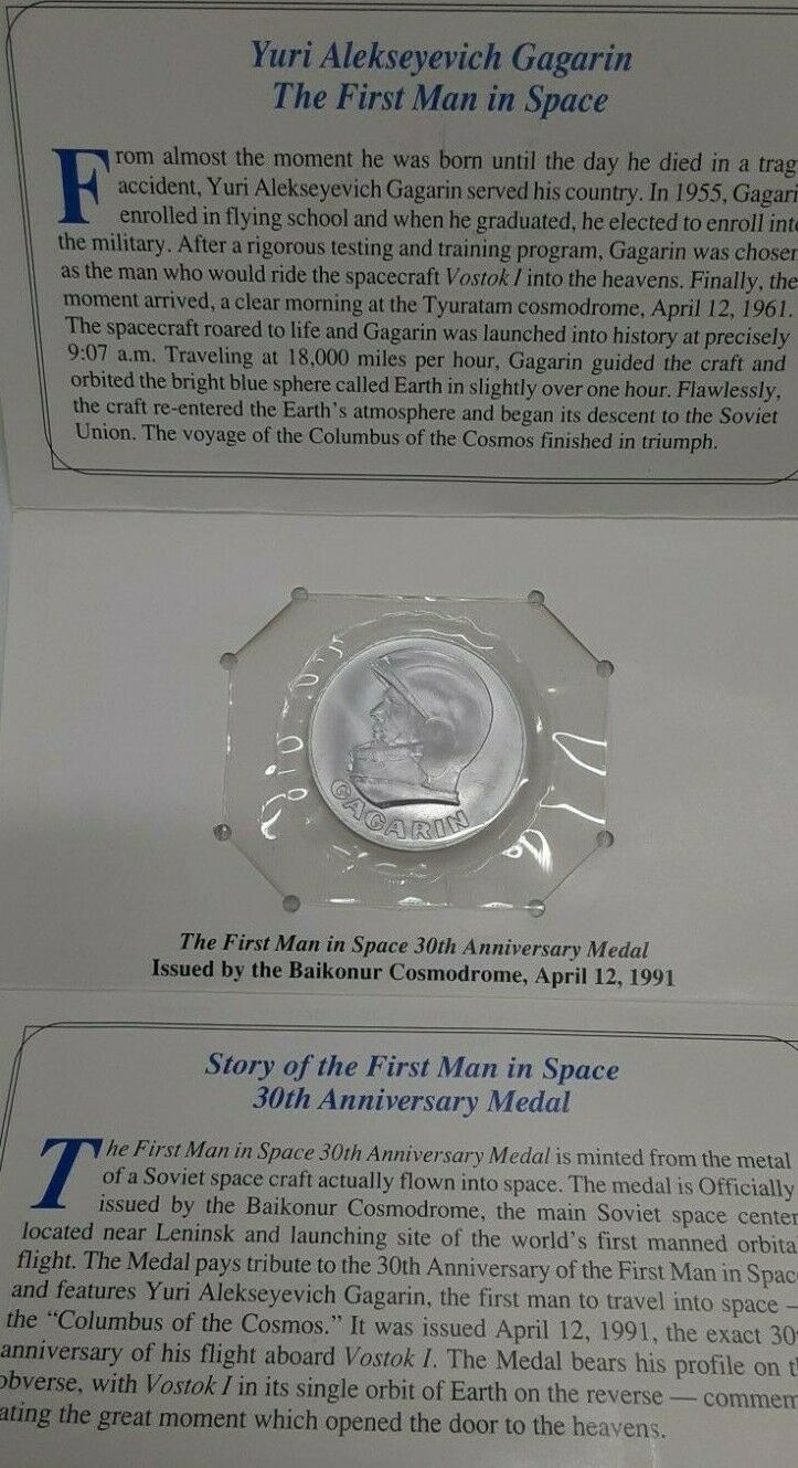 Medal 1991 Fleetwood Yuri Gagarin Commemorative Issue Aluminum - Original  Folder Brilliant Uncirculated in Original Info Folder.