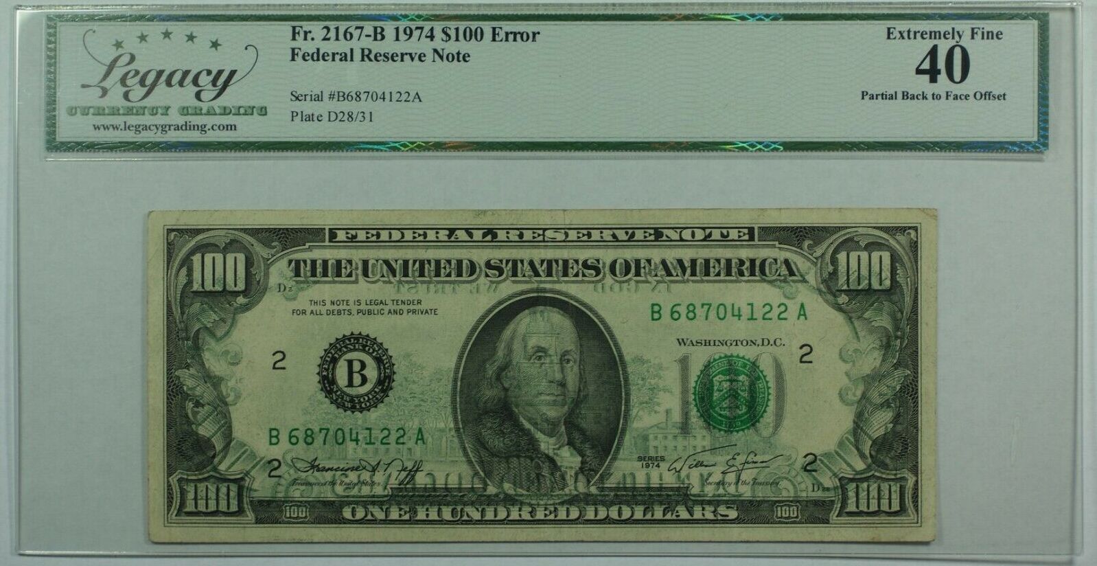 Banknoten 1974 $ 1974 Series $100 Dollar FRN Partial Offset Error Note  Legacy Extra Fine 40 Legacy Extremely Fine 40 | MA-Shops