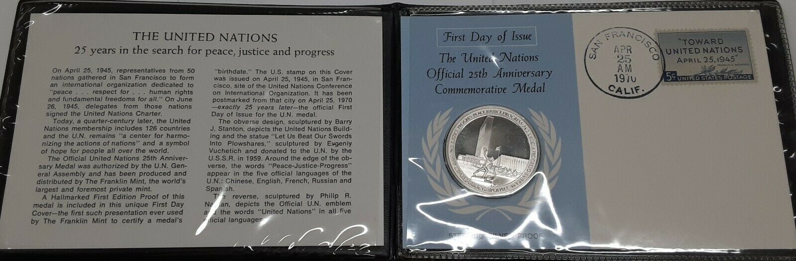 Exonumia Sterling Franklin Mint United Nations 25th Ann Silver Medal in FDC  & Folder Gem Proof in First Day Cover--see photos. | MA-Shops