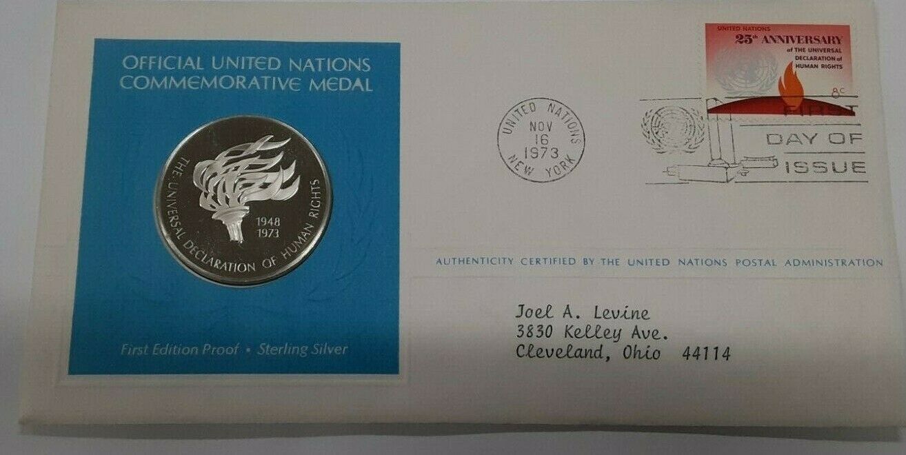 Medal 1973 United Nations FDC with Commemorative Silver - Human Rights  Proof-like in First Day Cover.