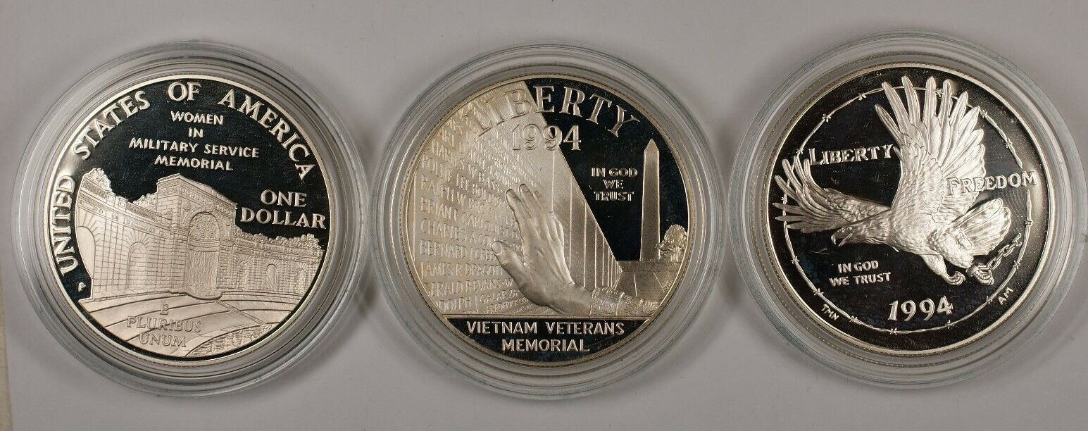 1994 US Veterans Commemorative 3 Coin Silver Dollar Proof Set w/ Box buy & COA