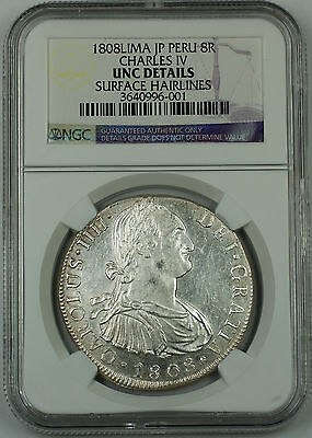 8 Reales 1808 Lima JP Peru Silver Coin NGC UNC Details Charles IV