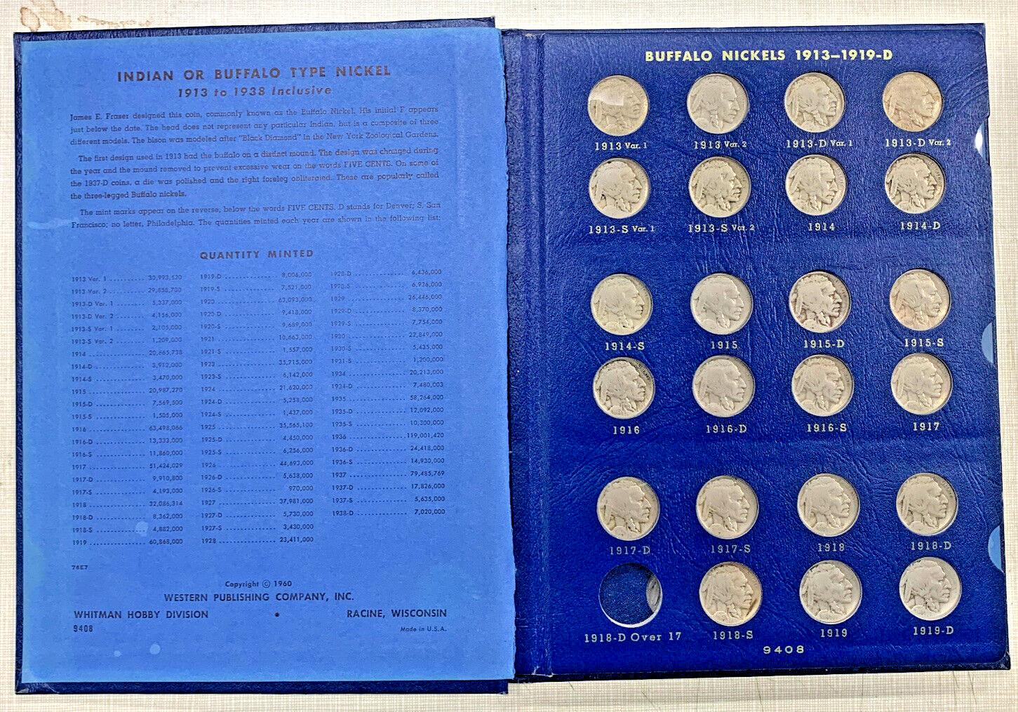 1913-1938 Buffalo Nickels 10 Different in Folder