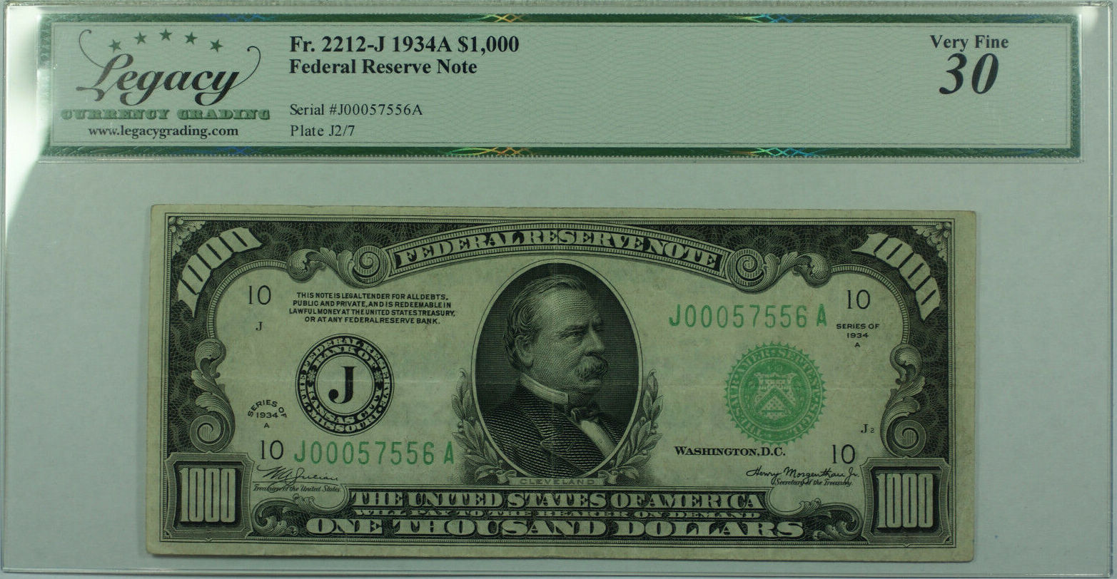 Dollar 1934-A $1000 One Thousand Bill FRN Fr. 2212-J Legacy VF-30 (DW)  Legacy VF-30, small edge split at bottom left