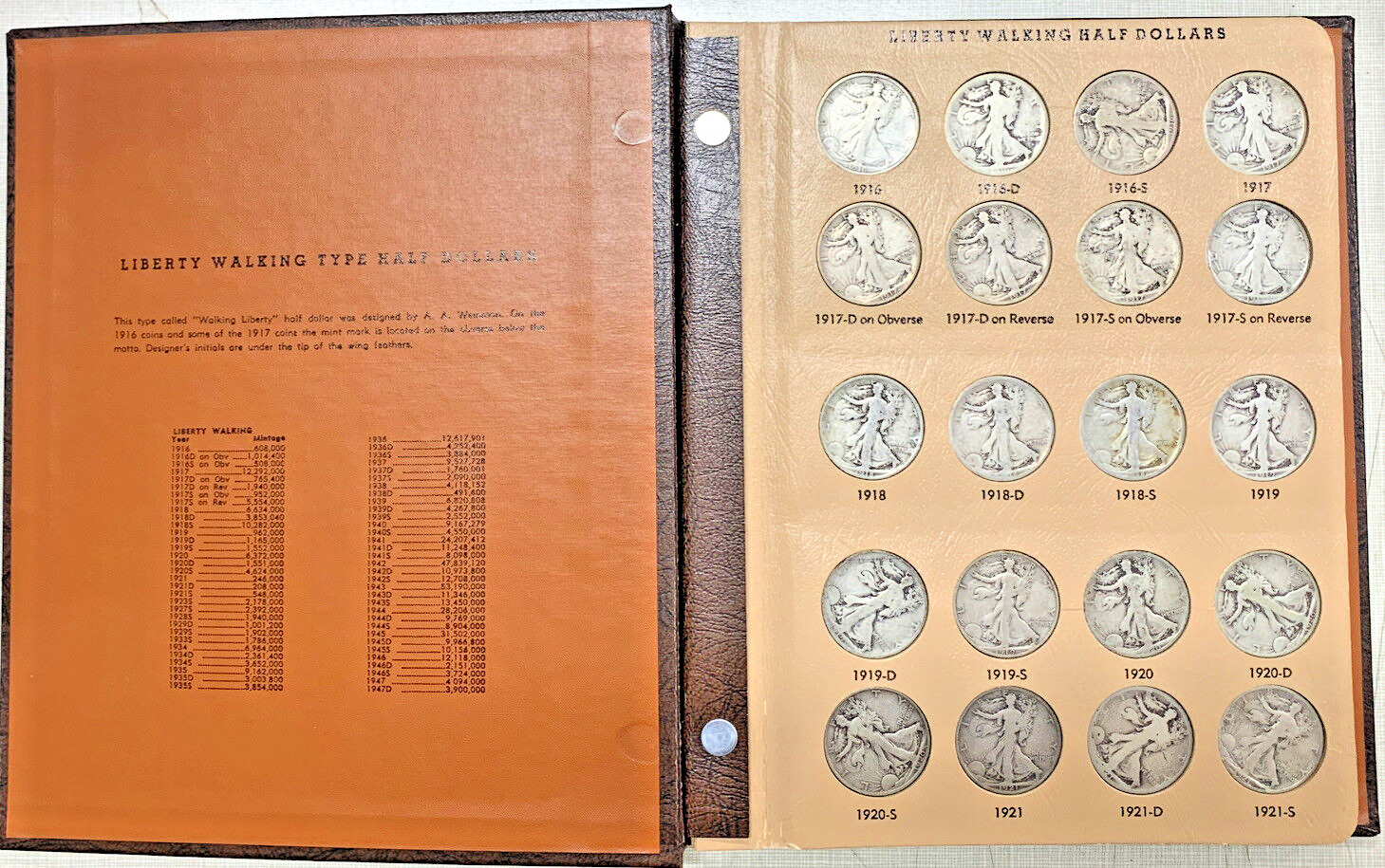 USA Half Dollar 1916-1947 Walking Liberty Complete Set-Dansco Coin Album  (B)