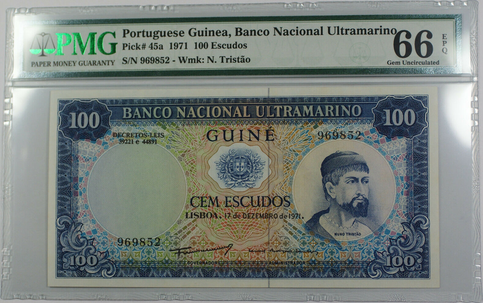 100 Escudos 1971 Portuguese Guinea Note Pick# 45a PMG 66 Gem UNC