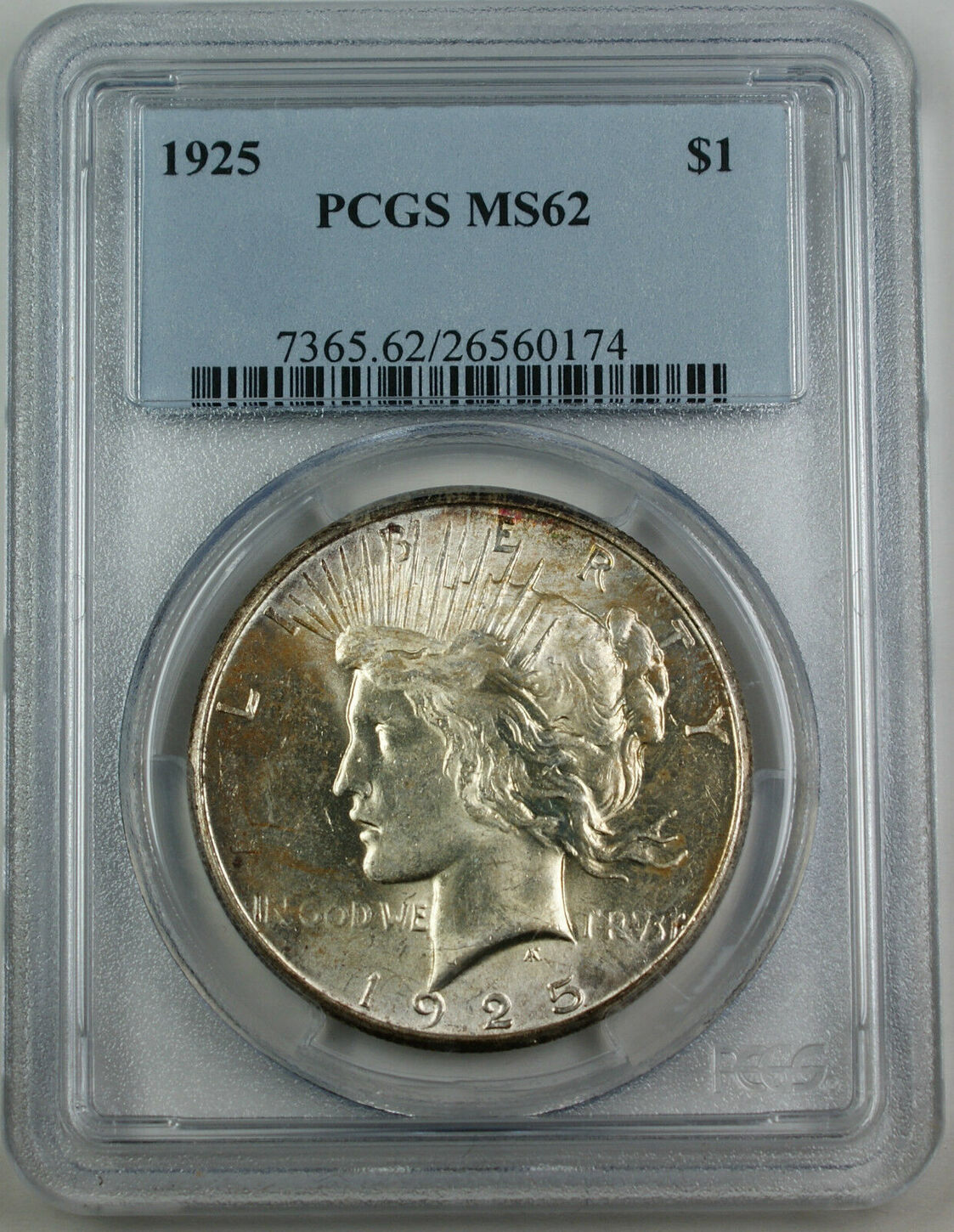 USA Dollar 1925 Peace Silver Coin PCGS MS 62 Lightly Toned