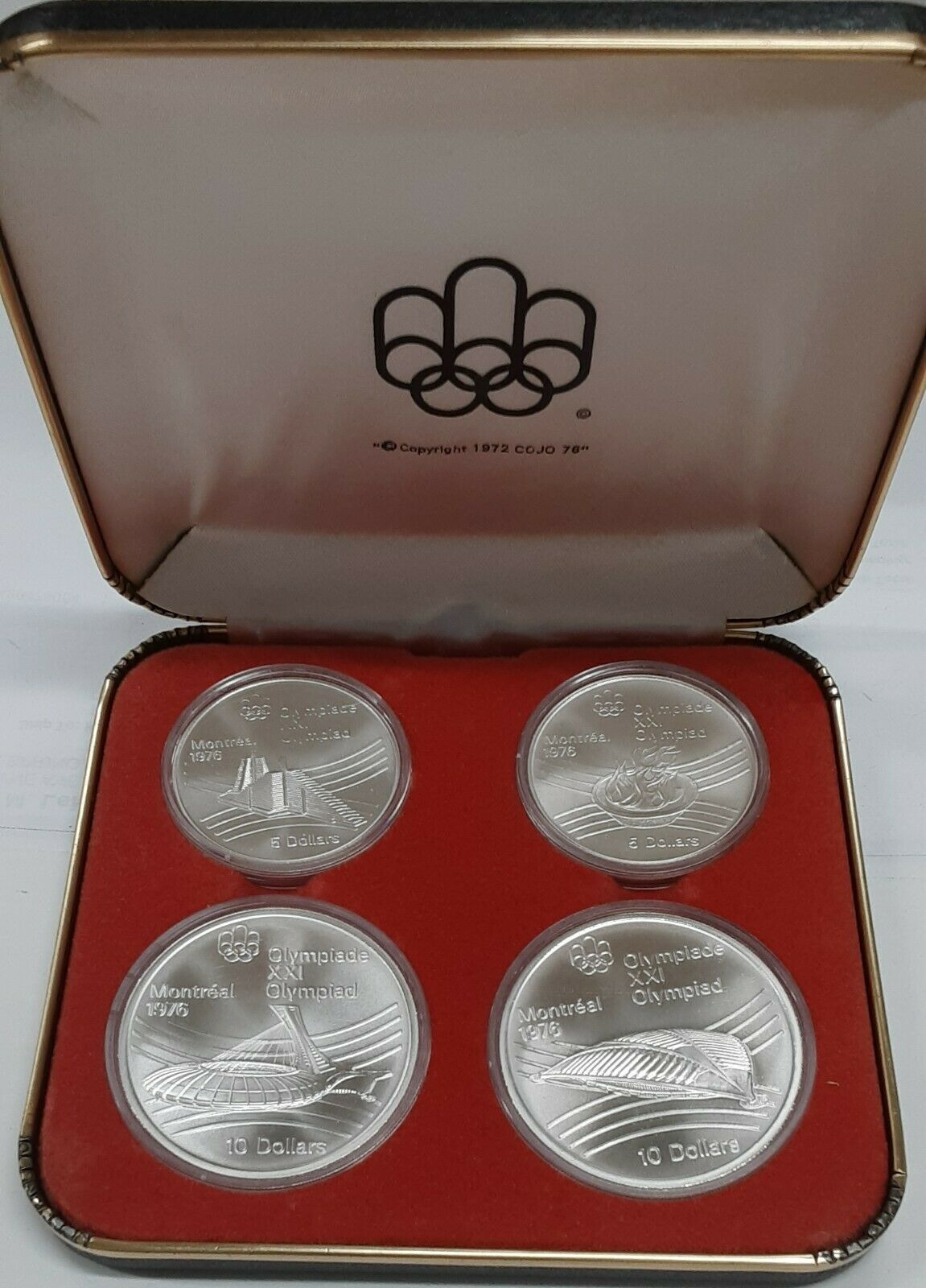 1976 Canada Montreal Olympic Games .925 Silver Four Coin Set in RCM OGP 4  BU Coins in Original RCM Packaging.