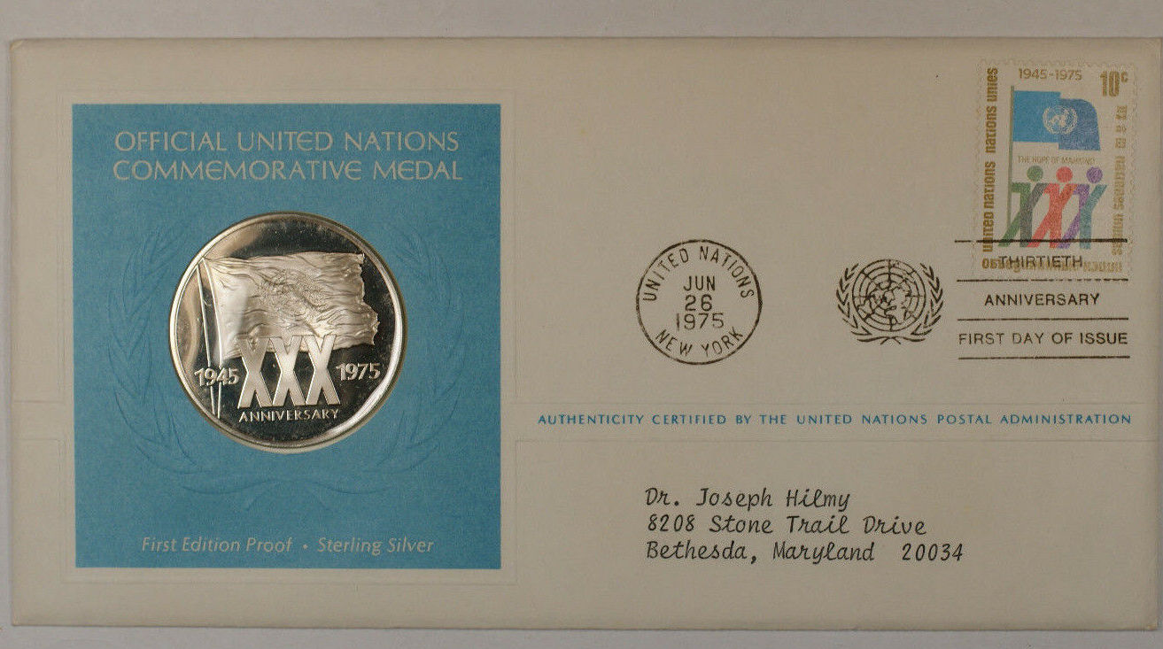 Exonumia Medal 1975 Postmasters Of America Commemorative Silver United  Nations XXX Proof-Like in BU.
