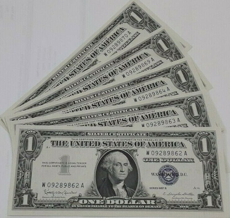 Lot Of 9 1957 B 1 Silver Certificates Consecutive S Ns Crisp UNC See Photos Crisp UNC See 