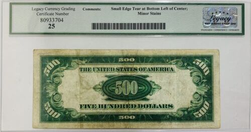 1934 $ 1934 $500 Federal Reserve Note FR 2201 a-G Legacy VF 25 B