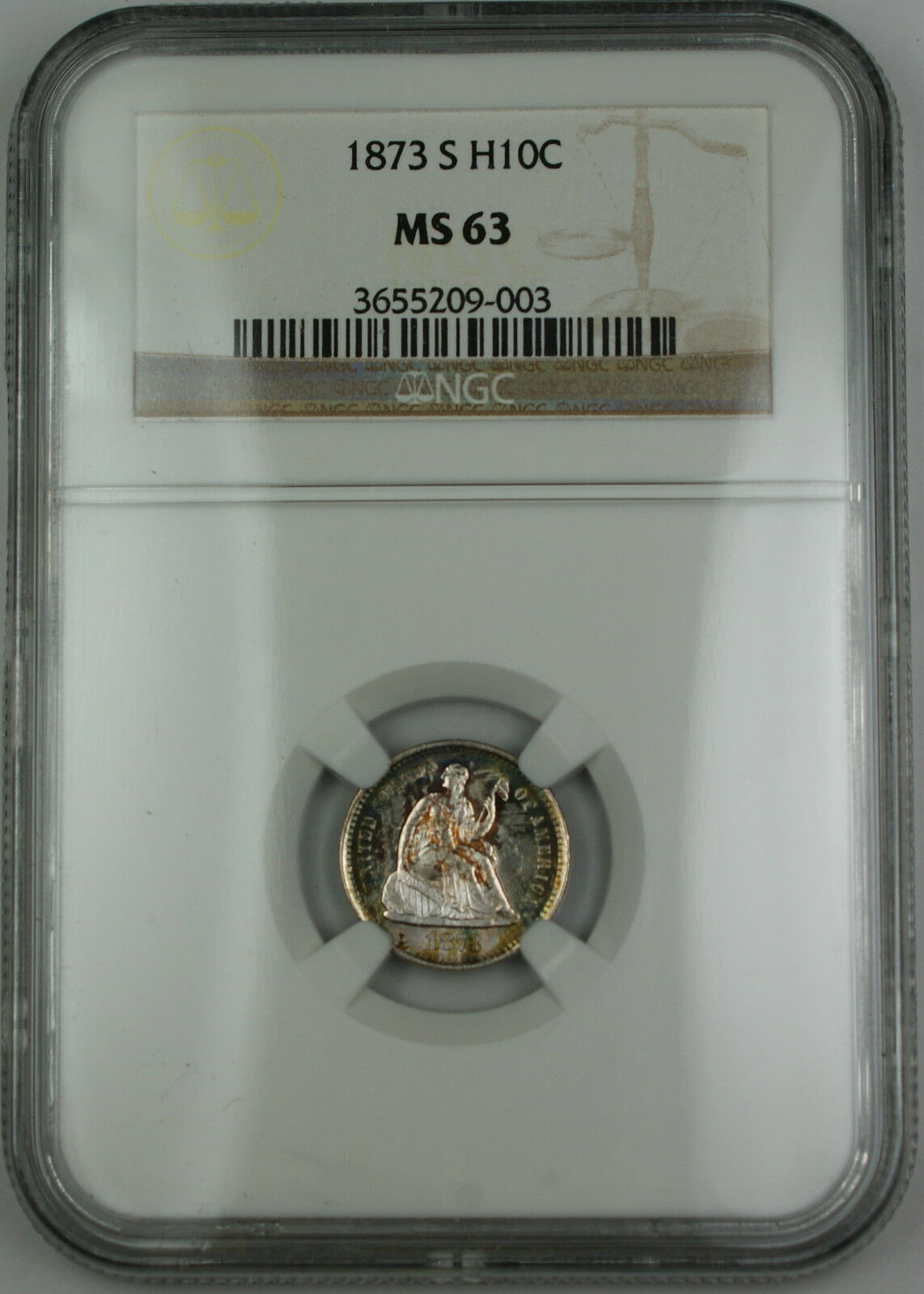 Half Dime 1873-S Seated Liberty Silver NGC MS-63, *Toned Gem BU