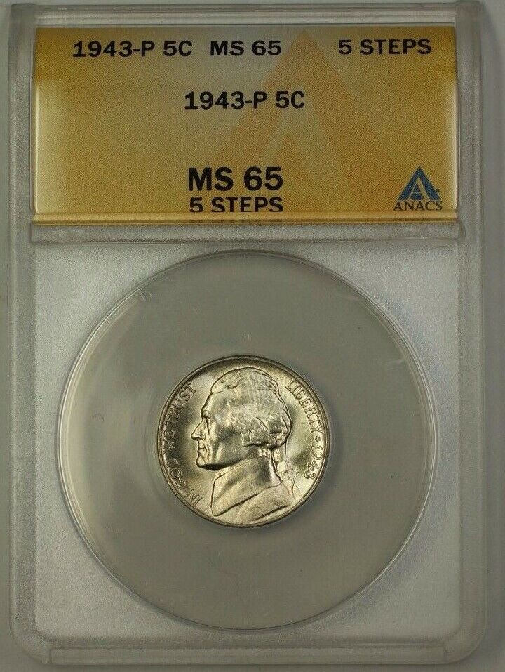 Usa Jefferson Nickel 1943 P Wartime Silver 5c Coin Anacs Ms 65 5 Steps