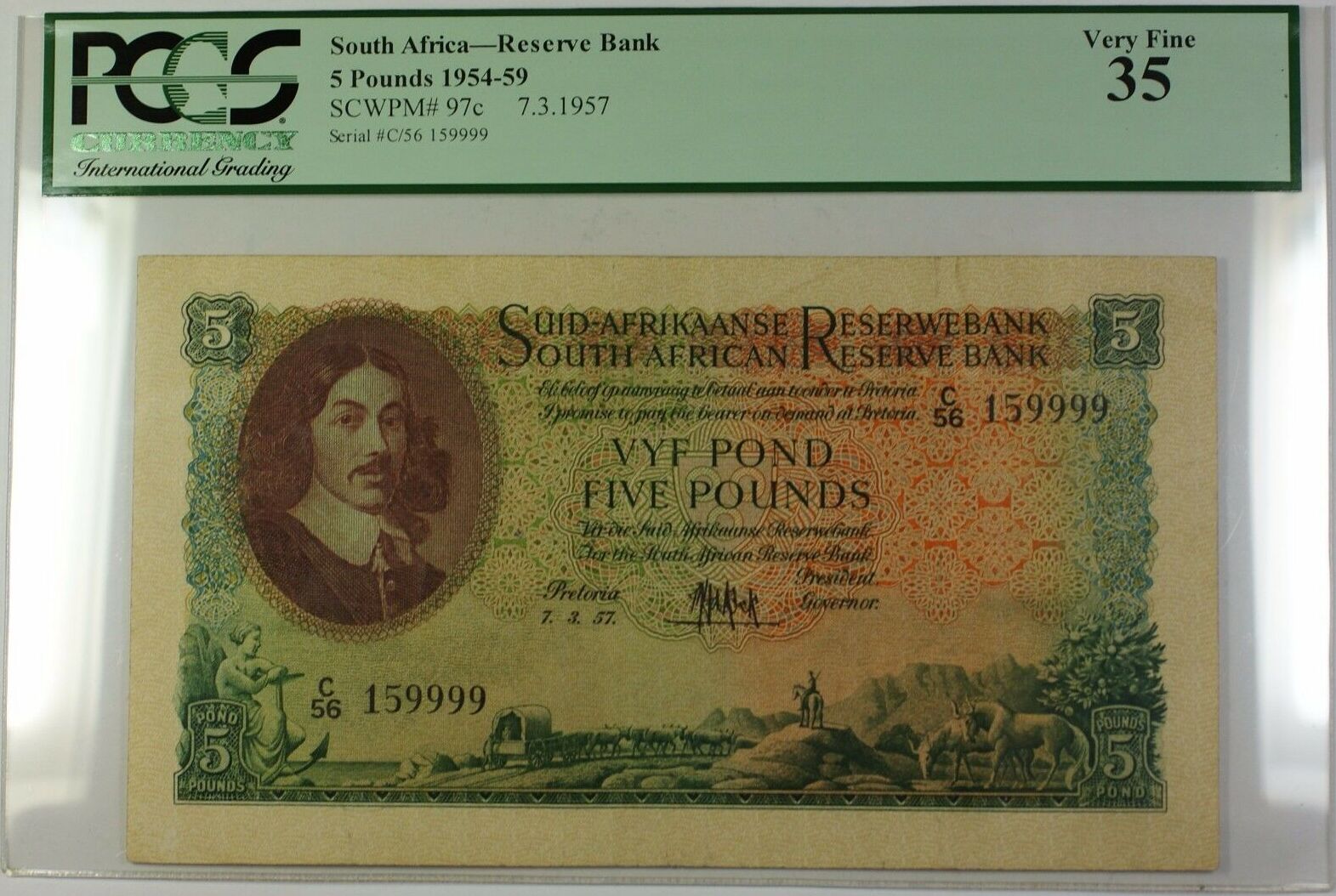 5 Pounds 1954-59 7.3.1957 South Africa Bank Note SCWPM# 97c PCGS