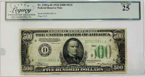 1934 $ 1934 $500 Federal Reserve Note FR 2201 a-D Legacy VF 25 A