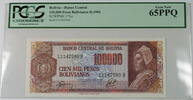 Banknoten Bolivia Banco Central 100000 Pes. Bolivianos SCWPM 171a PCGS 65 PPQ Gem New -