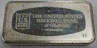 Exonumia Sterling 1000 Grain Silver Ingot, US National Bank of Omaha, Nebraska #27 -