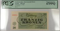 Banknoten 20 Kronen Czechoslovakia Theresienstadt S/B# 705 PCGS PPQ 67 Superb Gem New -
