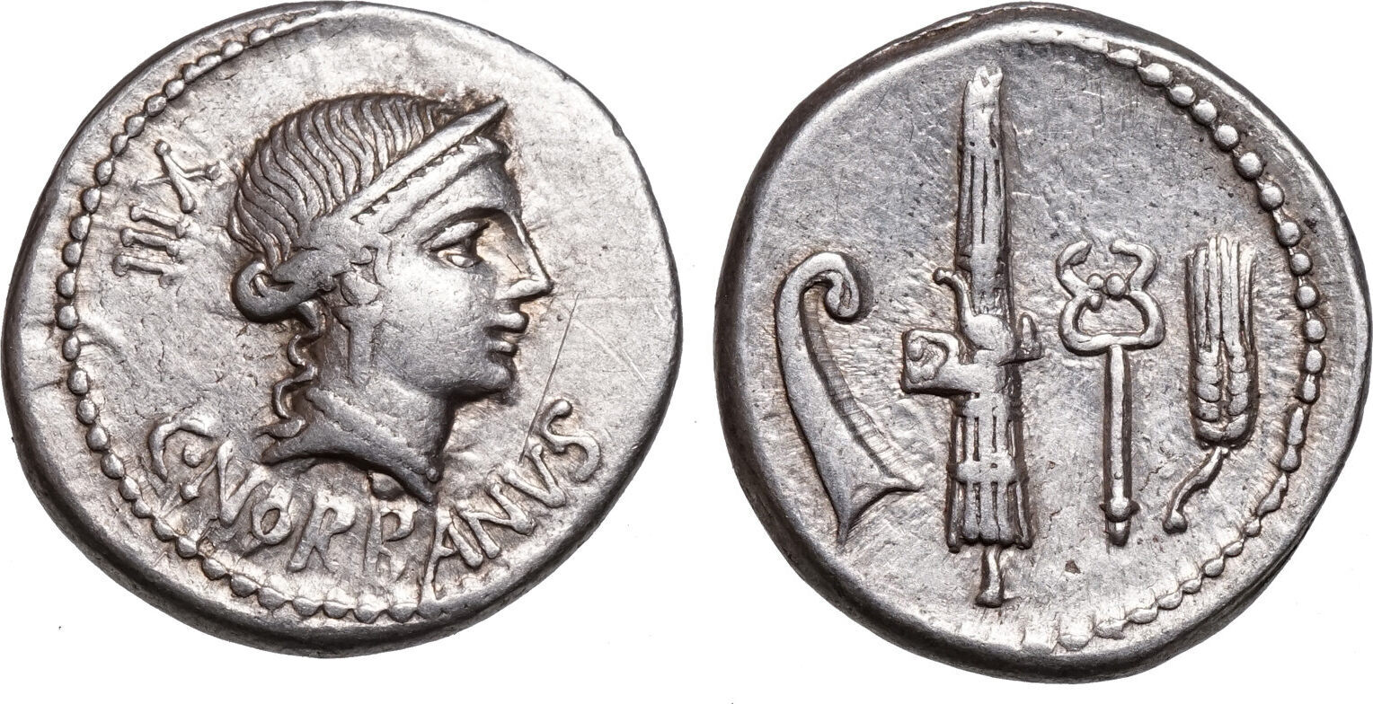 C. Norbanus (83 BCE) AR Denar Rom, Venus, Prora, Fasces, Caduceus und Ähre,  SELTEN! VF | MA-Shops, image size:1528x784