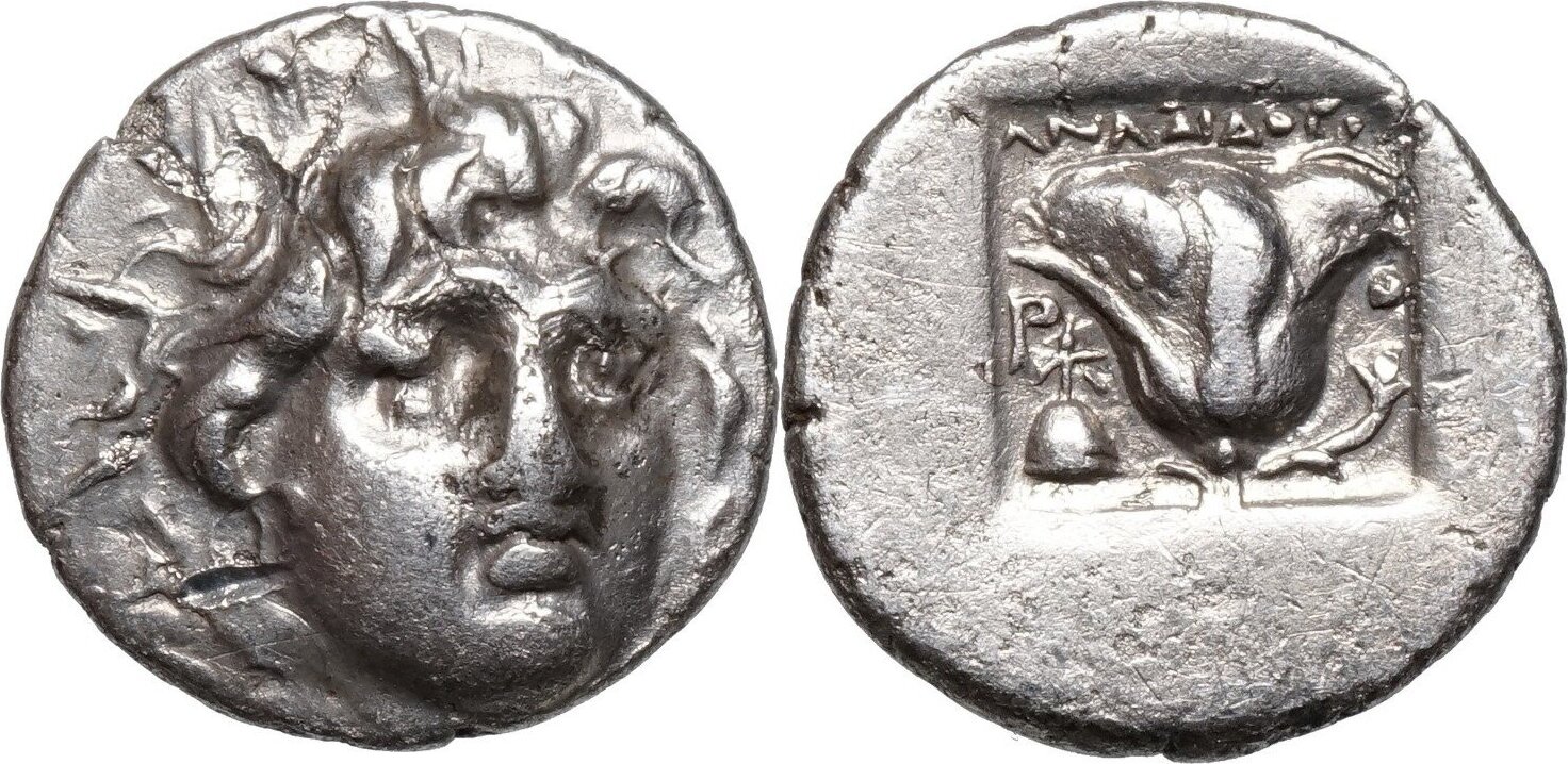 Karien, RHODOS (~170-150 BCE) AR Hemidrachme ROSE, Helios, Anaxidotos ...