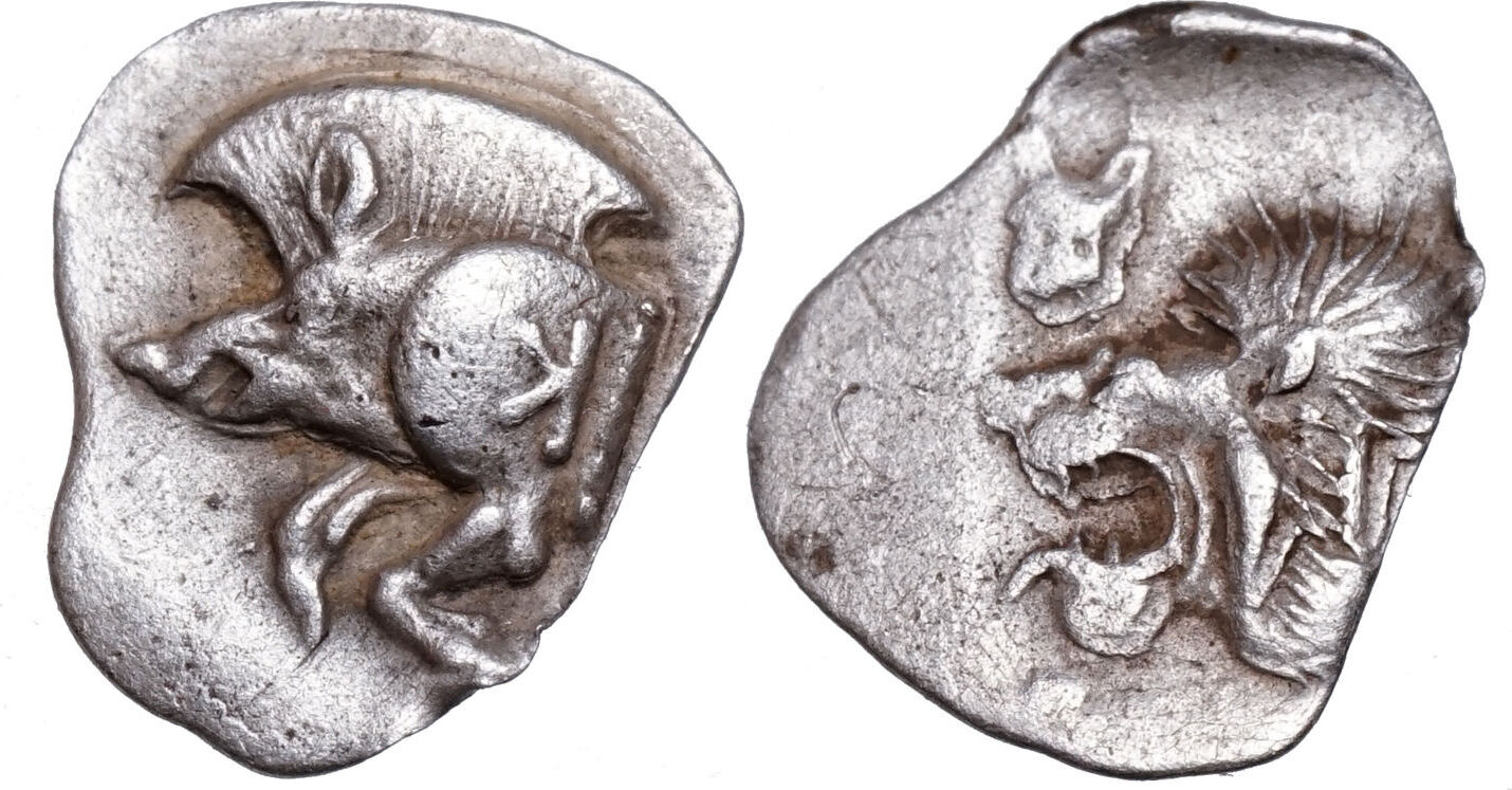 Mysien, Cyzicus (~450-400 BCE) AR Hemiobol Eber, Thunfisch, Löwe VF+