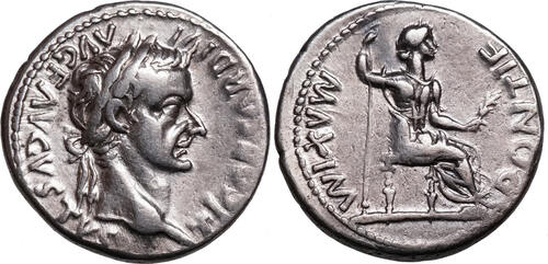 Tiberius,  TRIBUTE PENNY  (14-37) AR Denar Lugdunum, Livia mit Zweig aEF