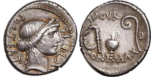 C. Julius Caesar (49-44 BCE) AR Denar Ceres, Priestergeräte. Feine Patina! TOP! EF