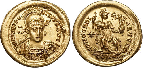 Theodosius II. (408-450) AV Solidus Konstantinopel. Viktoria bekränzt Constantinopolis aEF, Prüfstic