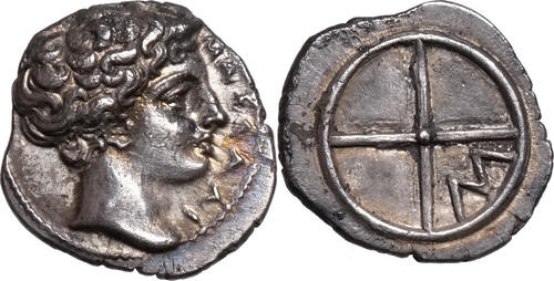 Massalia. Gallien (410-385 BCE) AR Obol Apollo / Vierspeichiges Rad. Prachtexemplar! EF