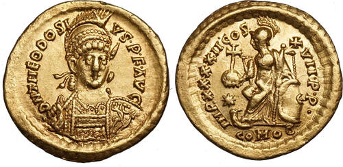 Theodosius II. (408-450) AV Solidus Konstantinopel. Constantinopolis mit Zepter und Kreuzglobus VF+