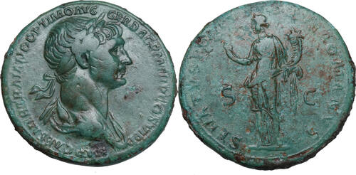 Trajan (98-117) AE Sesterz Rom, FELICITAS hält Caduceus und Füllhorn. TOP-Patina und Büste! VF