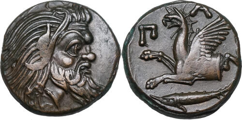 Cimmerian Bosporus (~300 BCE) Æ Thrakien, Pantikapaion. PAN, GREIFENPROTOME, Stör. TOP! EF