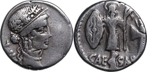 C. JULIUS Caesar (49-44 BCE) AR Denar Militär. Münzstätte. Clementia / Trophäe aus gallischen Waffen