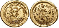 Theodosius II. (408-450) AV Solidus Konstantinopel. Viktoria bekränzt Constantinopolis aEF, Prüfstiche