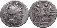 M. Atilius Saranus (148 BCE) AR Denar Rom. Romakopf mit geflügeltem Helm, davor X / Dioskuren reiten VF