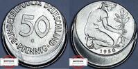 50 Pfennig 1950 G BRD J 384 - Kursmünze - Fehlprägung 30% dezentriert - ohne Riffelrand STG