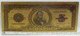 US Paper Money 1923 $ 5 Porthole Silver Certificate Novelty 24K Gold Foil Note Bill 6" - GFN17