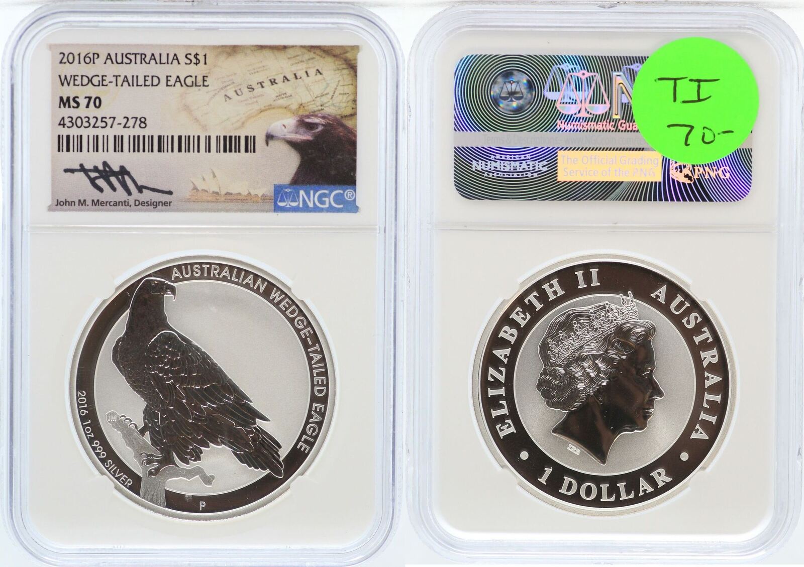 2016 P $1 AUD 1 oz .999 Fine Silver Wedge-Tailed Eagle NGC MS70 John M Mercanti 