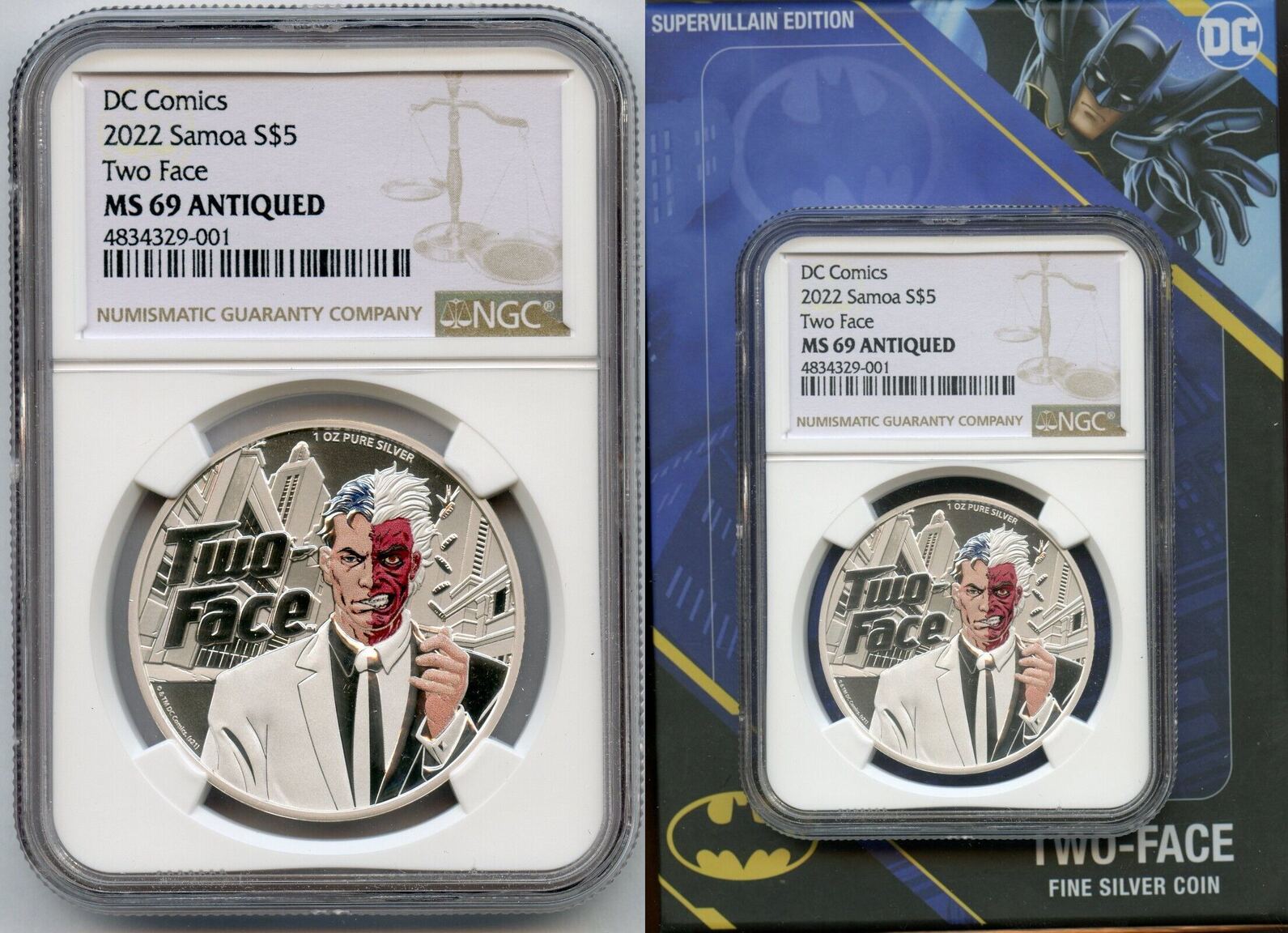2022 Batman Two Face 1 Oz Silver NGC MS69 Antiqued $5 Samoa Coin - JN990
