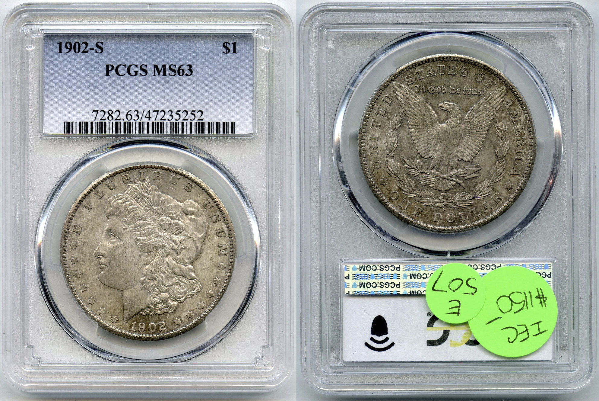 USA Dollar 1902-S Morgan Silver PCGS MS63 Certified - San Francisco Mint -  E507