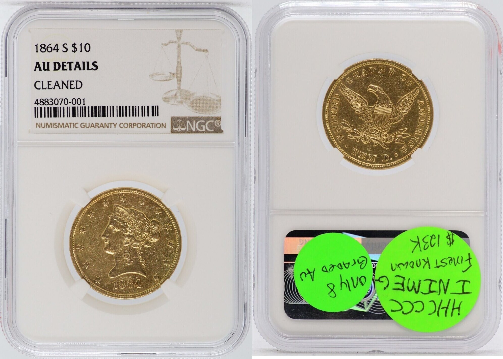 USA $10 Gold 1864-S Liberty NGC AU Details Certified Coin