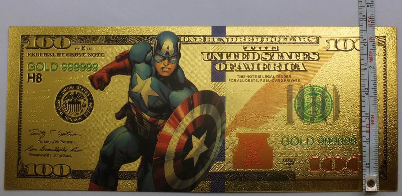 USA Captain America $100 Marvel Comic Novelty 24K Gold Foil Plated Note  Bill GFN57 | MA-Shops
