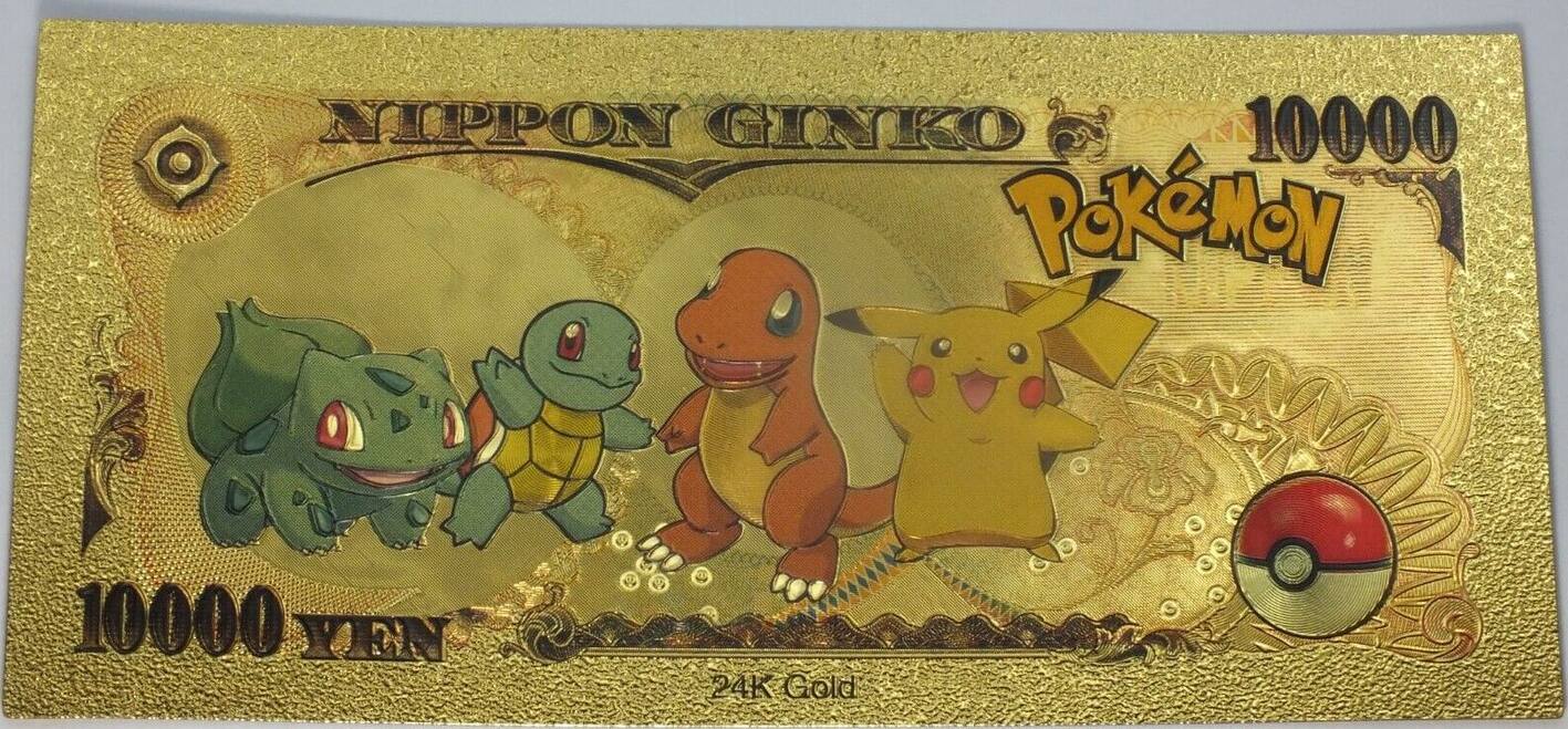 Pokemon Pikachu Eevee Back 10B Yen Novelty 24K Gold Foil Plated Note Bill  GFN50