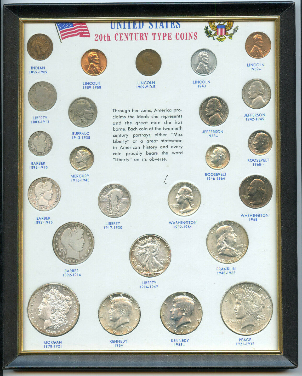 USA United States 20th Century Type Coin Set & Frame - Silver