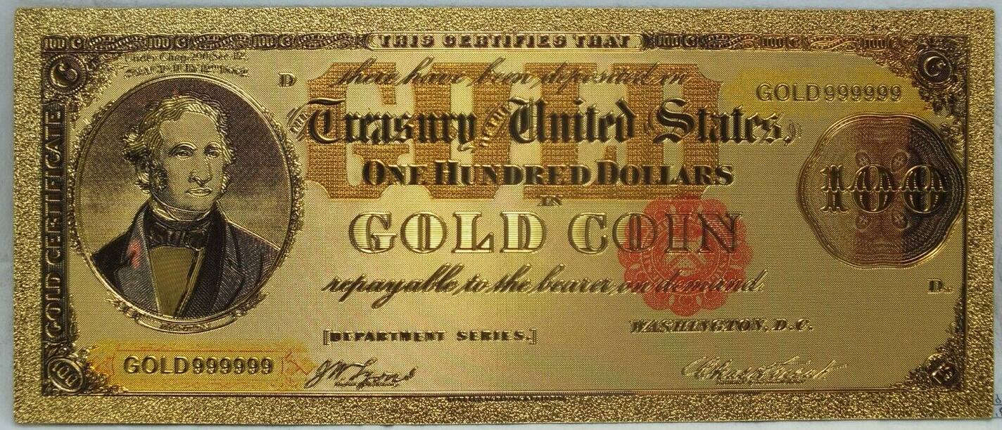 USA P261 100$ HUNDRED US DOLLARS 1882 GOLD COIN COLOURED BANKNOTE 24K NEW MINT! 